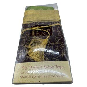 Set Of 2 Fabric Wine Bags With Tassels open box only 2 green gold READ